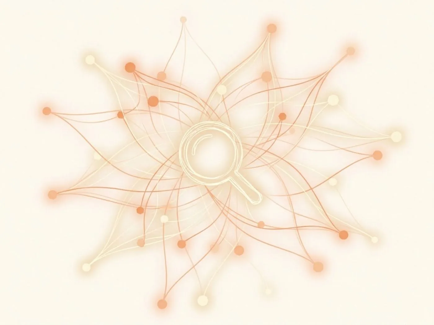 Abstract orange network of glowing lines and nodes spreading out from a magnifying glass