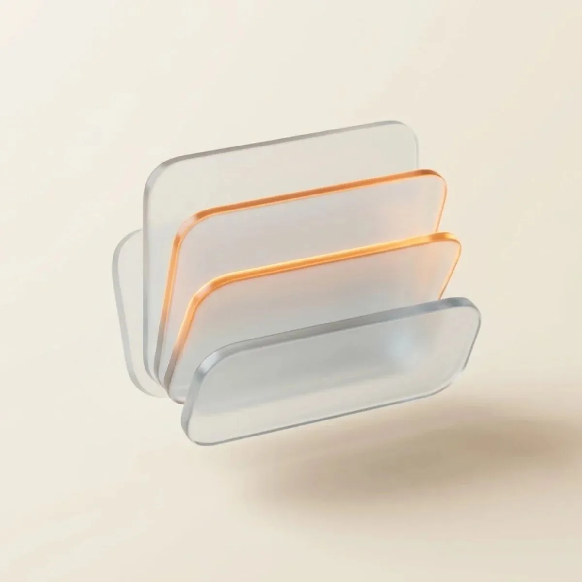 Abstract stack of frosted glass panels with glowing orange edges on a cream background