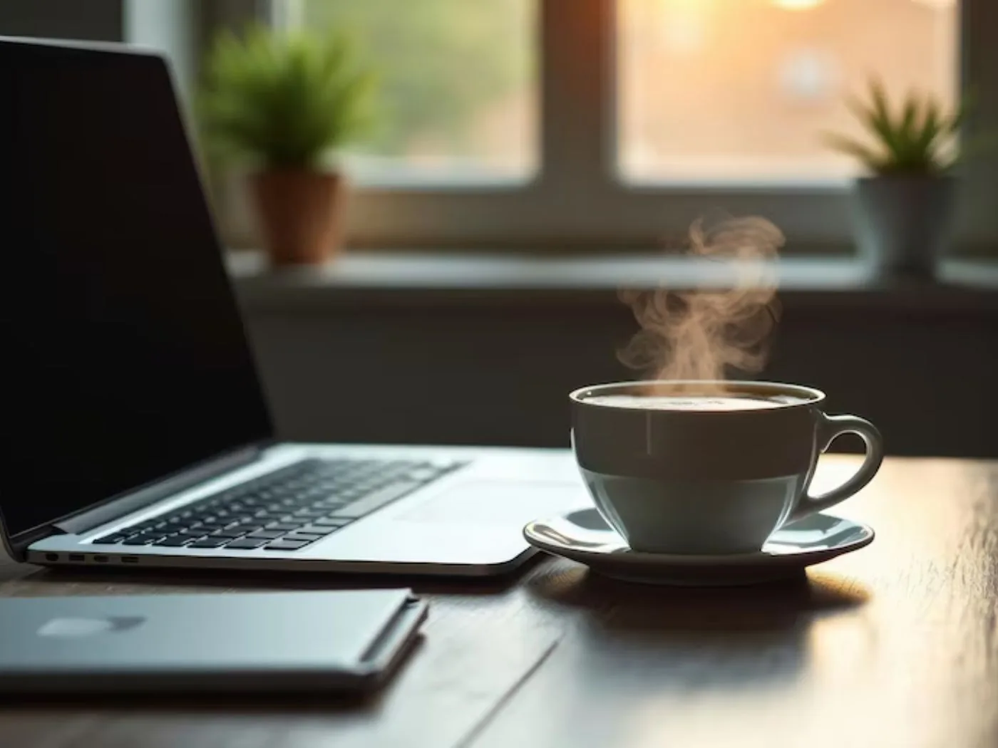 Laptop and a steaming cup of coffee on a desk beside a sunlit window